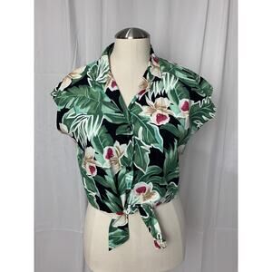Hilo Hattie Women’s Vintage Hawaiian Aloha Button Up Shirt Small Monstera Flower